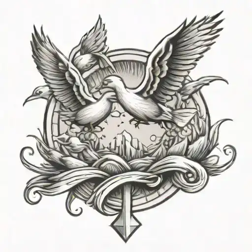 Cross Surounded By Ducks And Fish Jumping