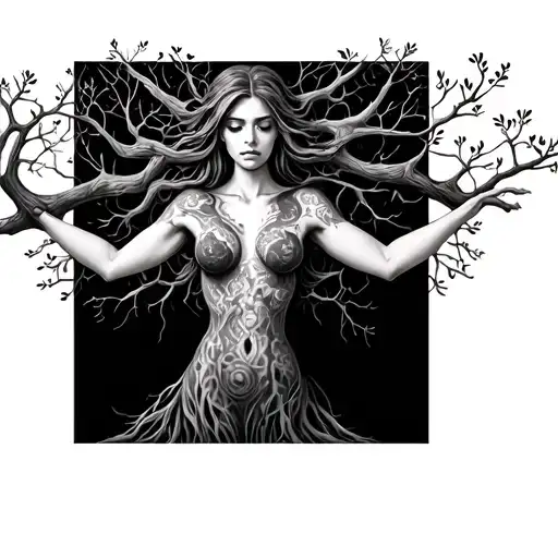 Woman Body As Tree Trunk And Arms Turning Into Branches