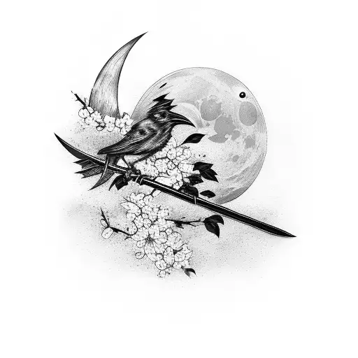 Katana Sword With Raven And Moon With Cherry Blossoms