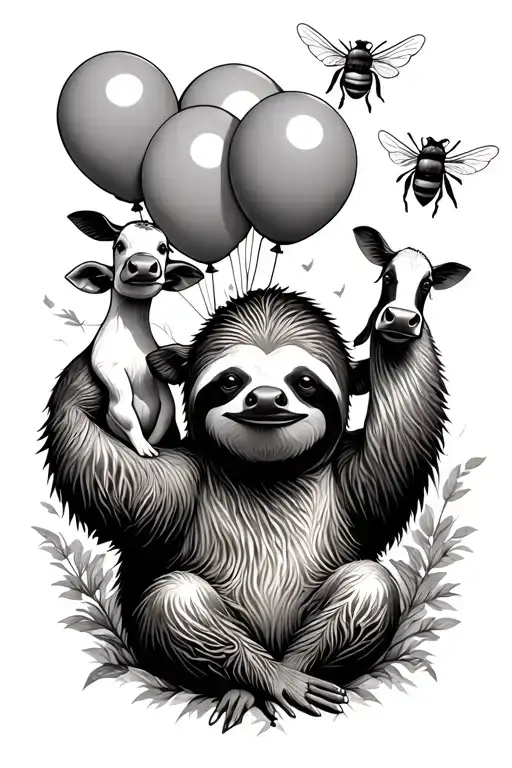 Sloth Holding Balloons With A Duck And Cow Sitting On Top With A Bee Flying Around