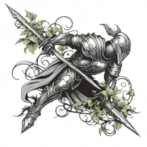 Knight And Sword Being Embraced By Vines Growing