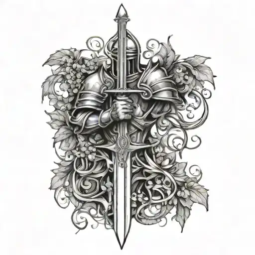 Knight And Sword Being Covered By Vines Growing