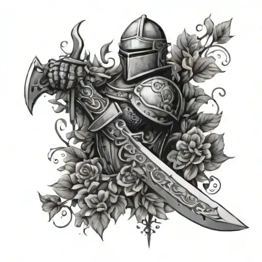 Knight And Sword Being Covered By Vines Growing Small Leaves And Flowers Hand