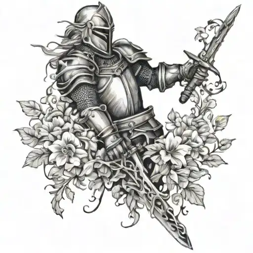 Knight And Sword Being Covered By Vines Growing Small Leaves And Flowers Hand Tattoo Realism