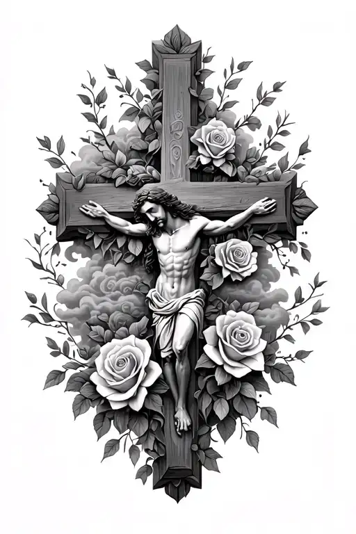 Jesus Cross With Vines Clouds And Roses Intertwined