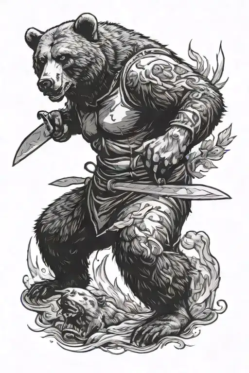 A Man Fighting A Bear With Knife With Only Outlines