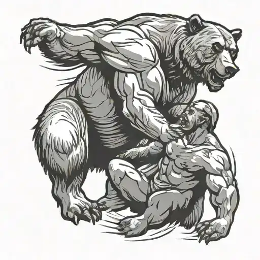 Line Tattoo Of A Man Wrestling A Bear