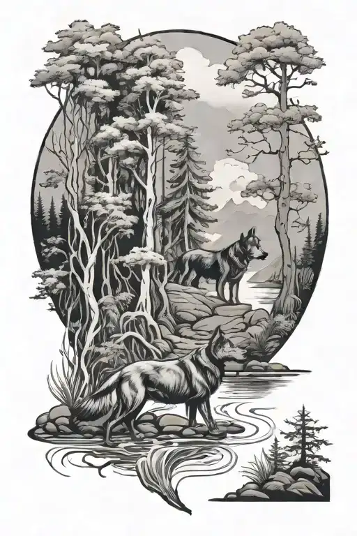 Forest With River Dog And Woman