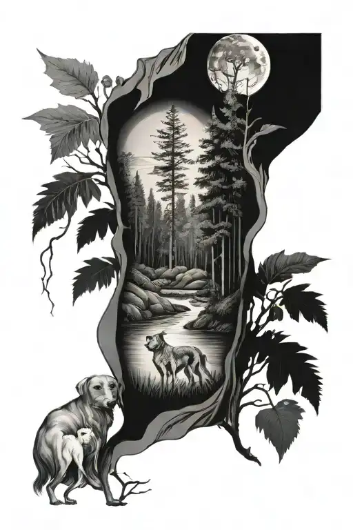 Forest With River Dog And Woman