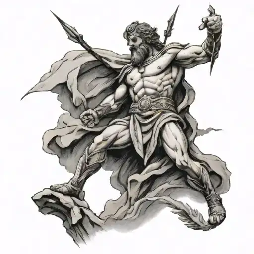 A Greek God Wielding A Lightning Bolt And Standing Atop A Mountain
