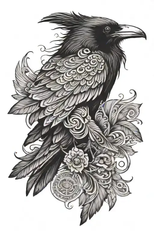 A Raven Seen From Above With Wings Open Wide With Nordic Motifs