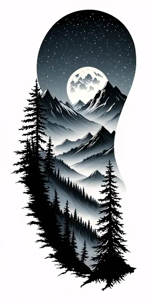 Night Sky Filled And Mountains And Trees Below