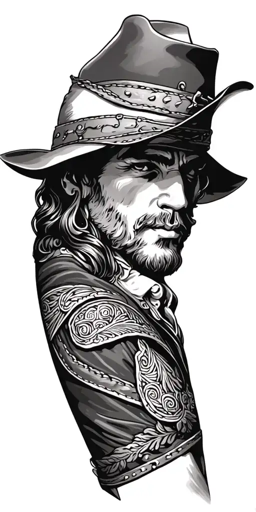 Tooled Leather Sleeve Tattoo Design Featuring Western Imagery