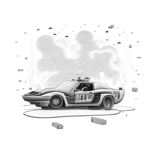 A Black And Grey Tattoo Of A Car Racing Through A Game-inspired Pixelated Landscape