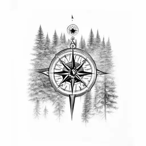 A Black And Grey Tattoo Of A Compass Surrounded By Pine Trees And Mountain Peaks