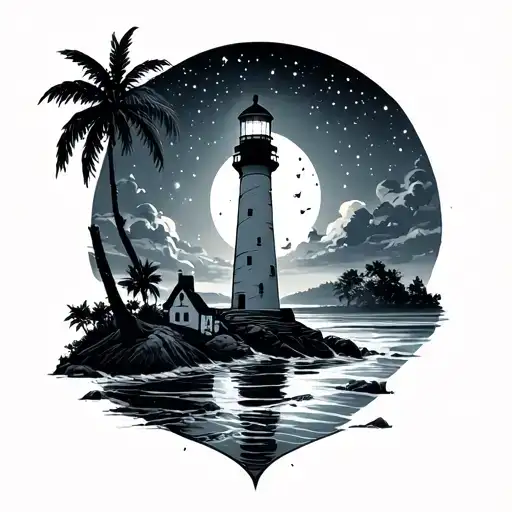 For Men With A Lighthouse And Palm Trees With A Starry Night