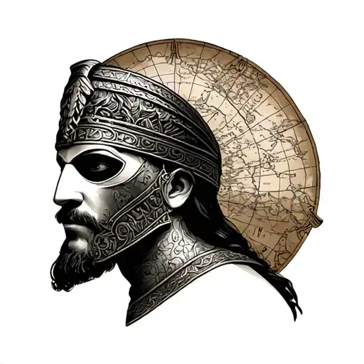 Greek Mathology Warrior With Mask And Old Map With Compus