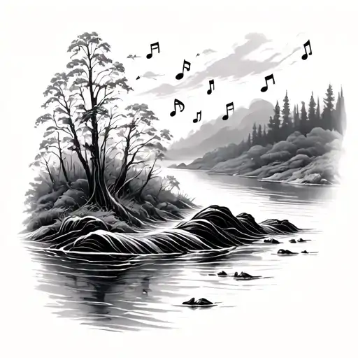 Music Notes On A River Flowing
