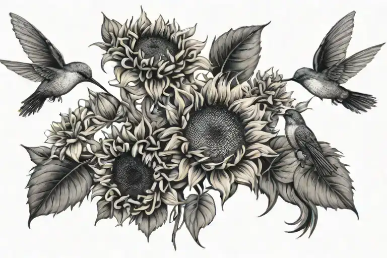 Black And Grey Sunflowers With Humming Birds And Butterfly