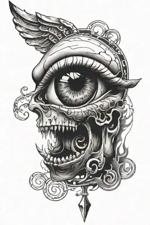 Realistic Eye With Dial Around In Roman Numbers And That All In The Mouth Of A Skull