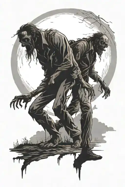 Silhouette Of Zombies Walking Towards Bright Shining Full Moon