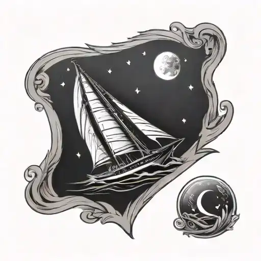 Sail Boat Sailing With Bird Overhead At Night Sky