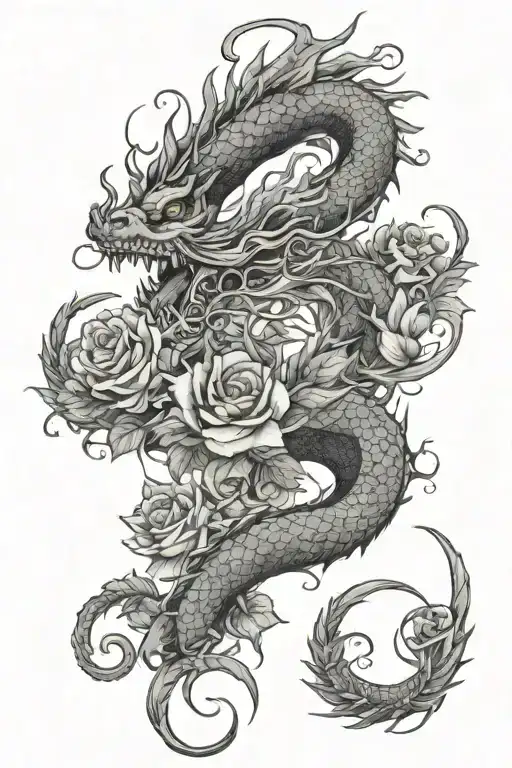 A Thorny Tendril With A Chinese Dragon And Several Small Tendrils With Roses