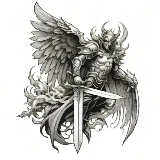 Make Me A Tattoo With Angel And Demon Wing And With A Sword In Between