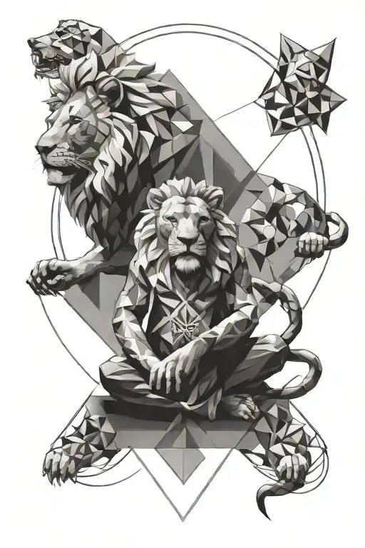 Geometric Shapes Inspired Lion Roaring And Monk Meditating