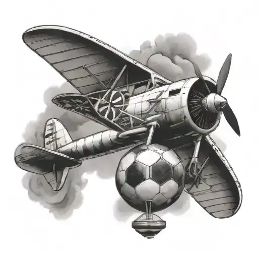 A Tattoo Design Of A Vintage German Fighter Plane With Football Motifs Integrated Into The Wings