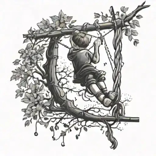Design A Tattoo Of Children Swinging On Ropes From Tree Branches In A Black-grey Style