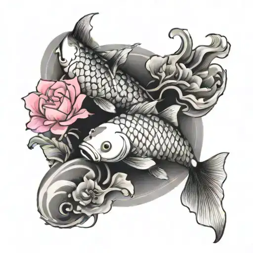 Two Koi Fish Swimming Alongside Water With Pink Flowers