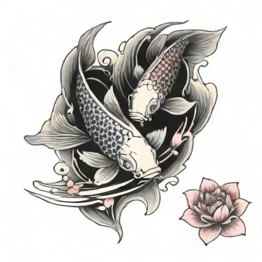 Two Koi Fish Swimming Inside A Pool Of Water With Pink Flowers