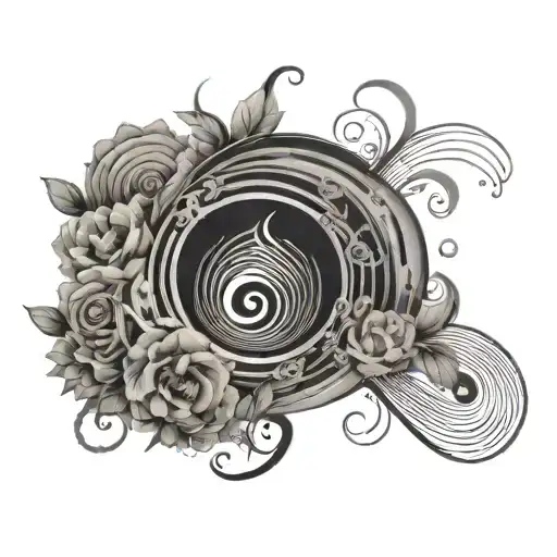 An Abstract Black-grey Tattoo Of Sound Waves Merging Into A Floral Pattern