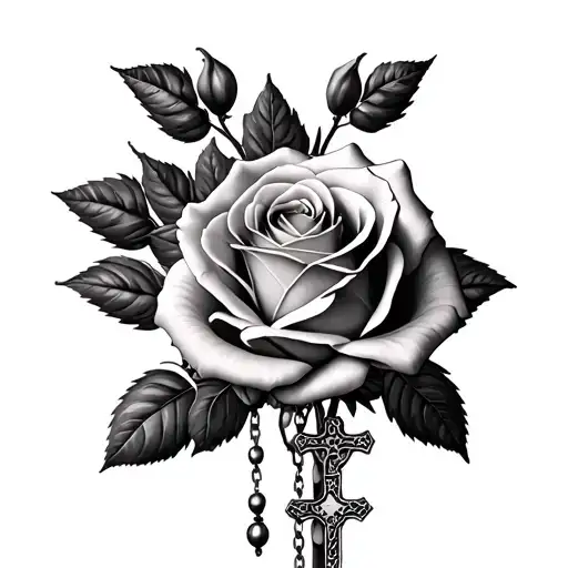 Realistic Roses With Rosary Hyper Realistic Gray Tone Religious