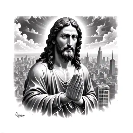 Hyper Realistic Jesus Looking Down On City From The Sky Praying Ground On Fire Gray Tone