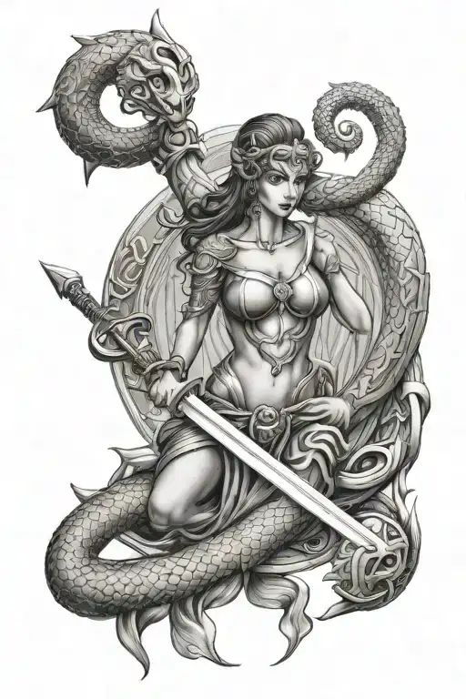 Themis Scales And Sword And Snake Wrapped