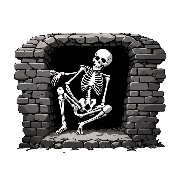 Skeleton Hanging Onto A Ledge Over An Open Grave