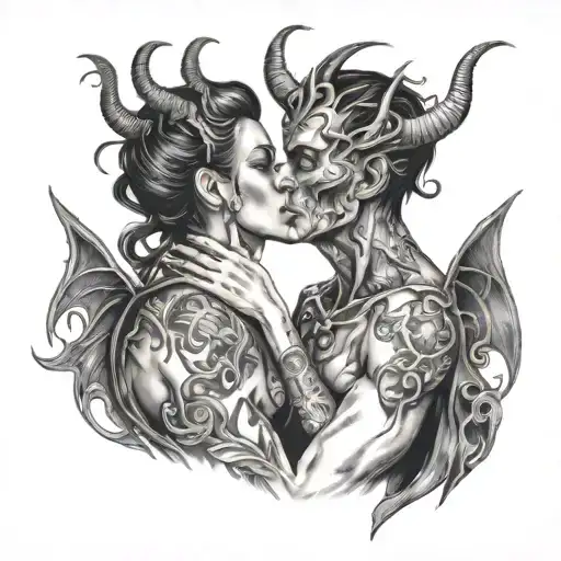 Man Kissing Demon Woman Full Body