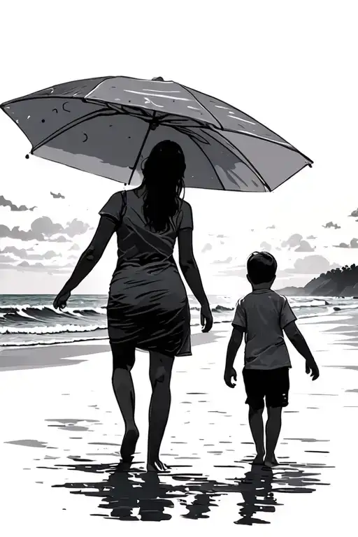 Mom And Son Walking On Beach Sunset