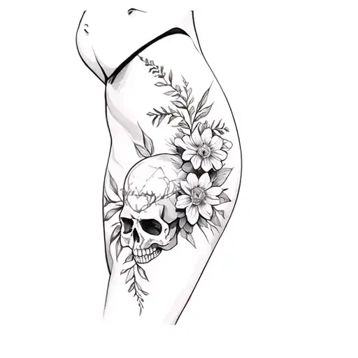 A Woman's Thigh With A Skull And Flowers