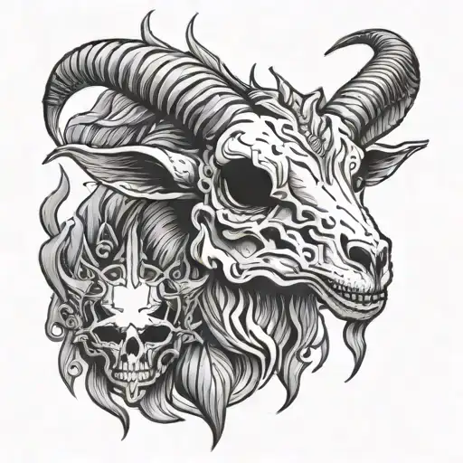 Goat Skull With Dagger In Forehead Surrounded By Fire