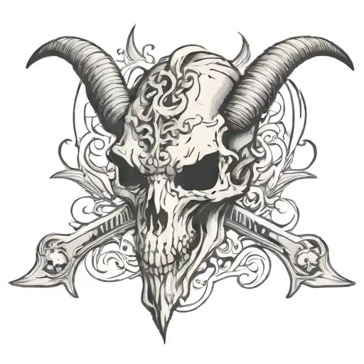 Goat Skull With Dagger In Forehead Surrounded By Fire