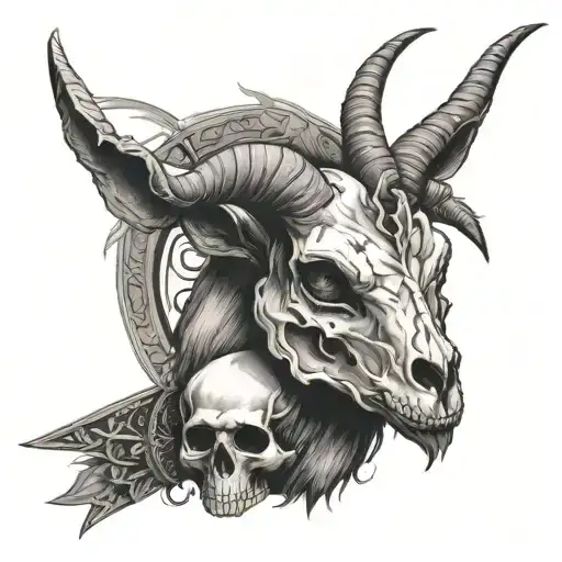 Goat Skull With Dagger In Forehead Surrounded By Fire