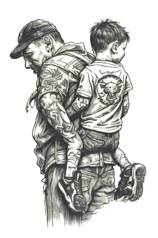 Kid Sitting On Father Shoulder From Back