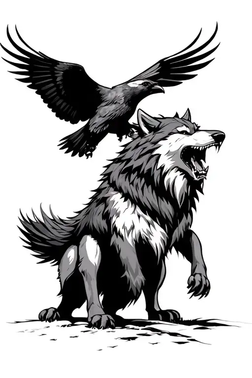 Viking Wolf With A Low Growl Aggressive Defending Powerful With Crow Flying Above