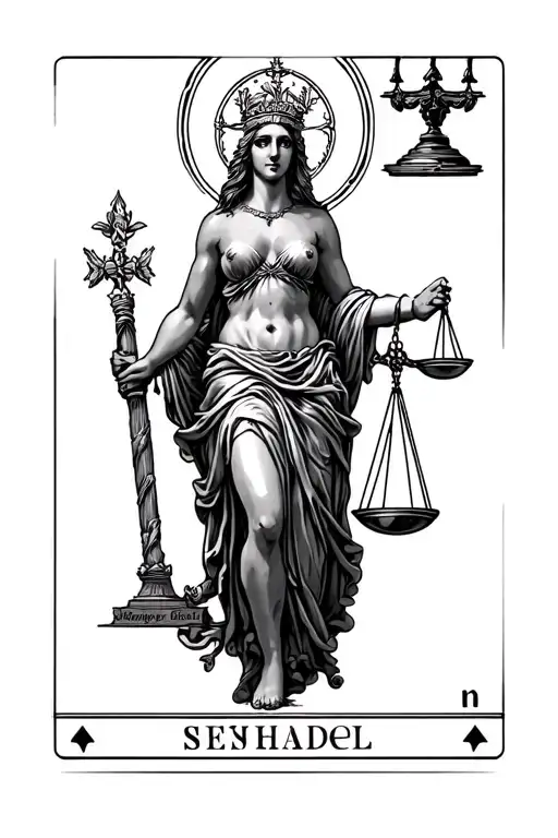 Lady Justice With The Head Of The Empress Tarot Card Walking Barefoot