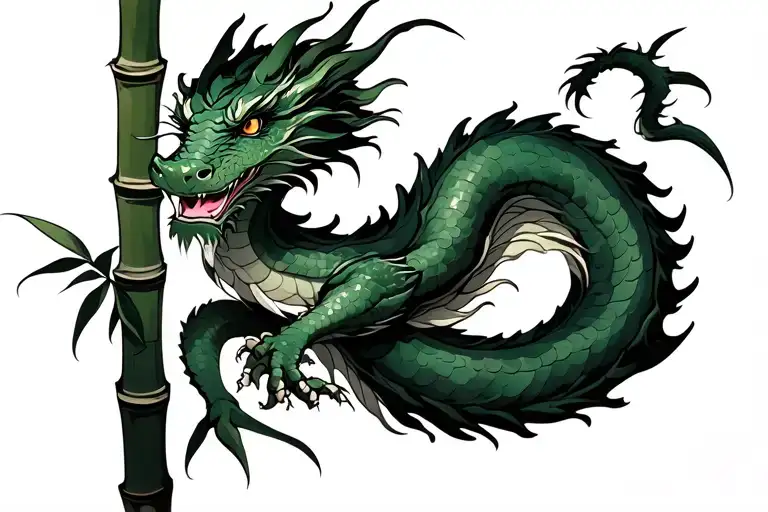 Green Dragon Coiling Around Bamboo
