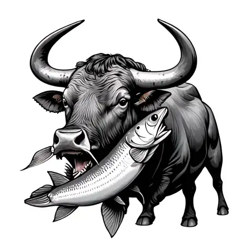 A Bull Eating A Fish