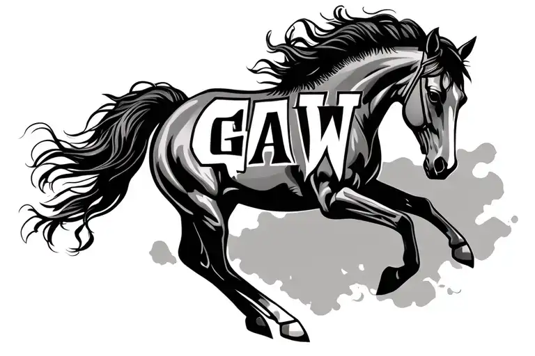 Create A Tattoo Of A Horse Running With The Letters Gaw Subtly In The Muscle Lines Of The Horse